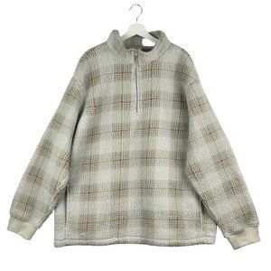 Old‎ Navy Sweatshirt Mens 3XL 1/4 Zip Pullover Beige Sherpa Plaid Fleece